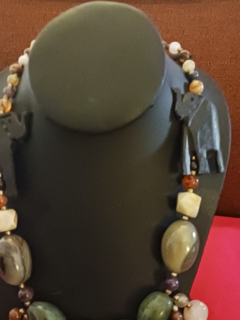 Handcrafted Multi-Stone Elephant Pendant Necklace - Green & Earth Tones - Picture 3 of 4